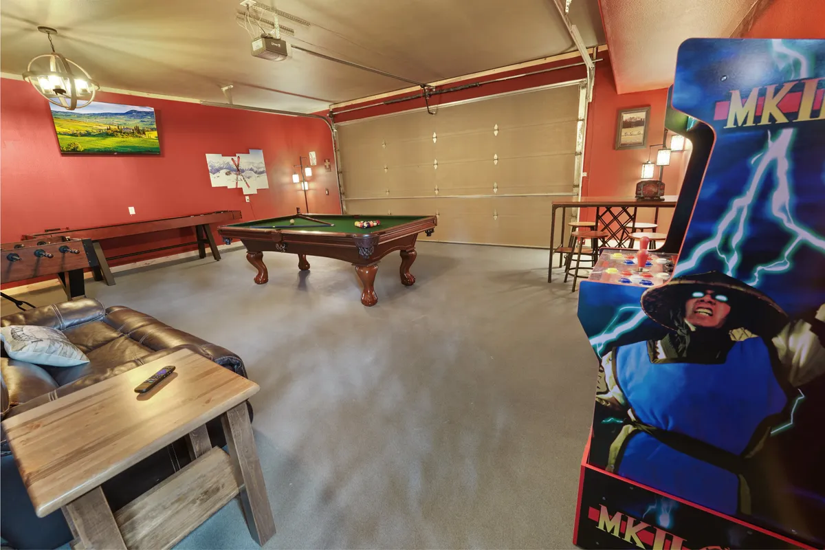 A lively game room scene featuring a pool table, arcade game, foosball table, and colorful artwork on the wall. People are shown engaging in friendly tournaments and enjoying game night snacks, highlighting fun and social activities.